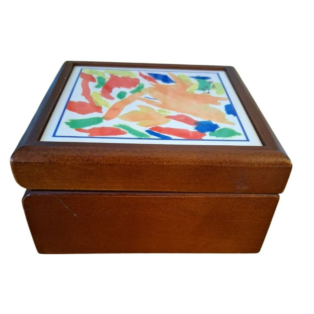 Handcrafted Wooden Trinket Box With Abstract Painted Tile Lid Artist Signed Lila